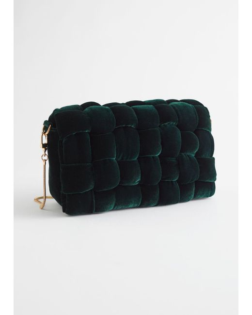 & Other Stories Green Quilted Velvet Clutch Bag