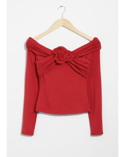 & Other Stories Red Ruched Off-Shoulder Top