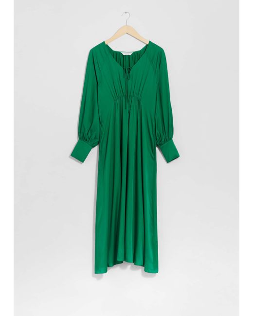 & Other Stories Green V-Cut Satin Midi Dress