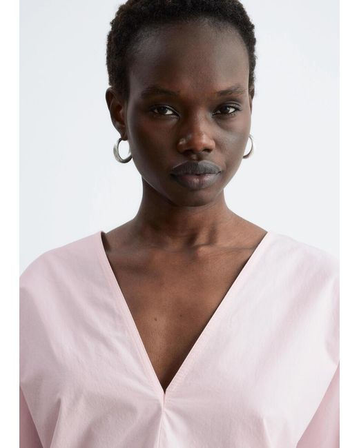 & Other Stories Pink Sculptural Cotton V-Neck Blouse