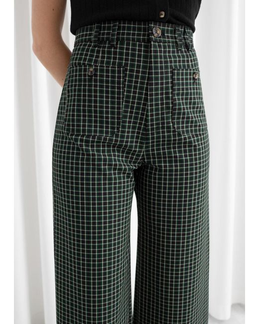 & Other Stories Green Kick Flare Plaid Trousers