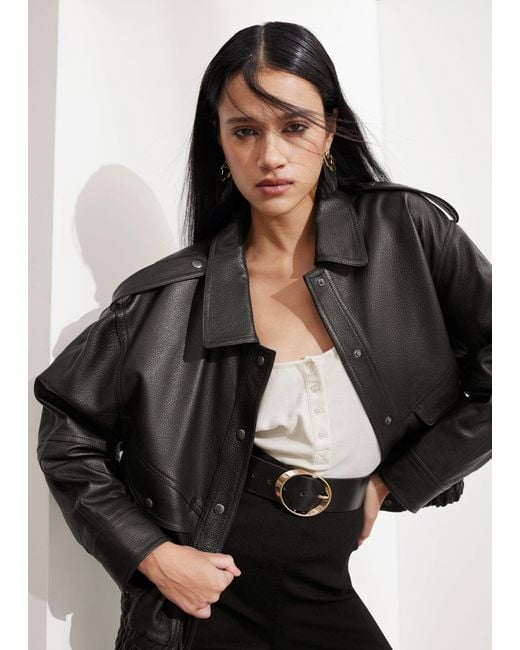 & Other Stories Black Boxy Buttoned Leather Jacket