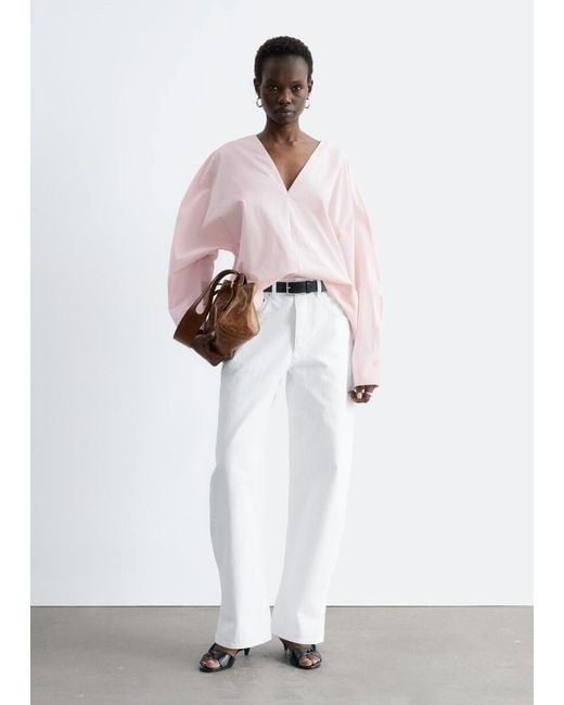 & Other Stories Pink Sculptural Cotton V-Neck Blouse