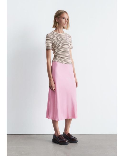 & Other Stories Pink Satin Midi Skirt