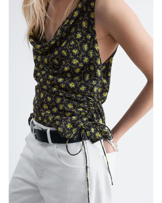 & Other Stories Green Printed Drawstring Silk Top