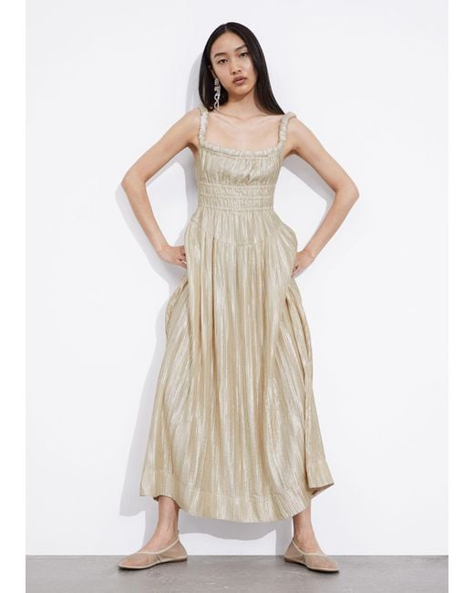 & Other Stories Natural Shirred Satin Midi Dress