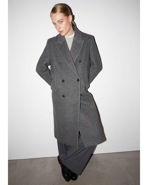 & Other Stories Gray Double-breasted Herringbone Coat