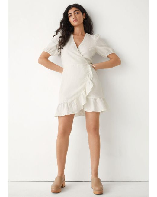 Linen Puff Sleeve Wrap Mini Dress 