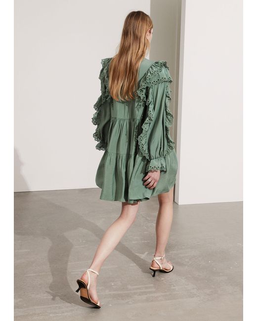 & Other Stories Green Frilled Mini Dress