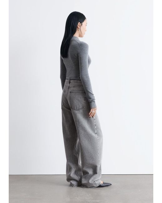& Other Stories Gray Rib-Knit Merino Wool Polo Top