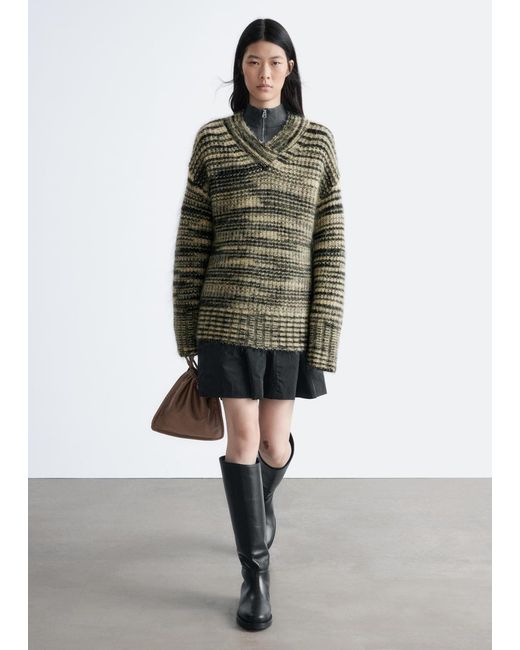 & Other Stories Green Mohair-Blend V-Neck Jumper
