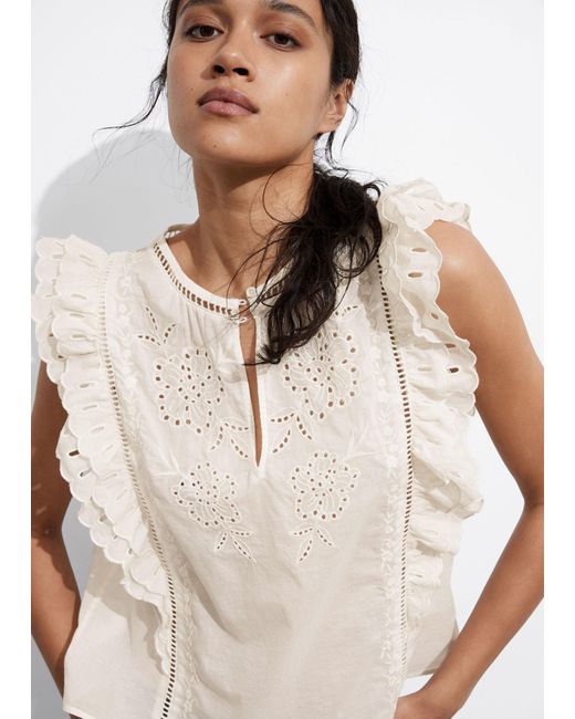 & Other Stories Natural Embroidered Frill Top