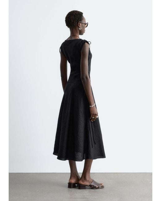 & Other Stories Black Flared Linen Midi Dress