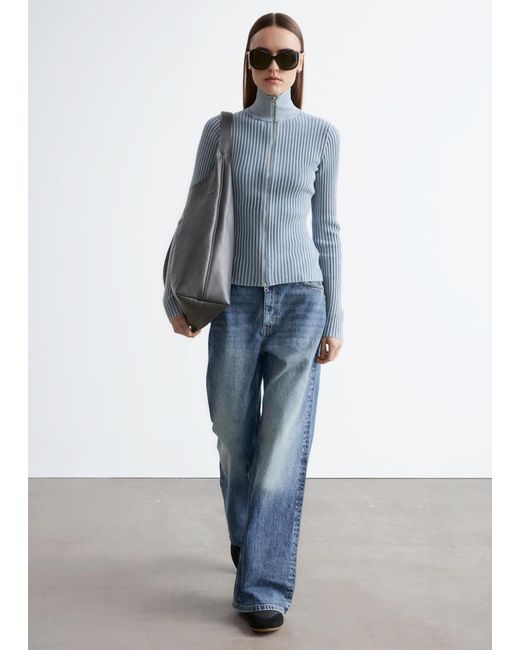 & Other Stories Blue Zip-Up Turtleneck Cardigan
