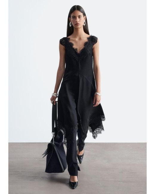 & Other Stories Black Lace-Trim Midi Dress