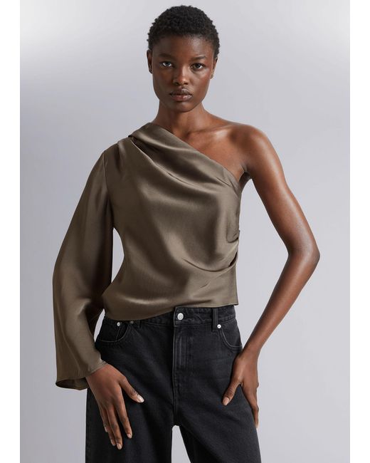 & Other Stories Brown One-shoulder Satin Top
