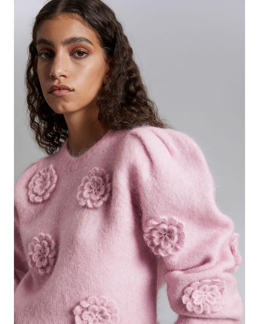 & Other Stories Pink Rose-appliqué Knit Sweater