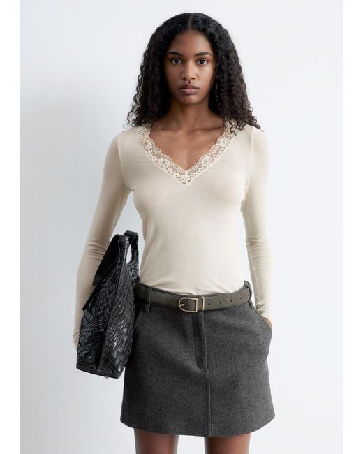 & Other Stories Gray Lace-Trimmed V-Neck Top