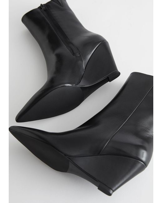 & Other Stories Black Leather Wedge Ankle Boots