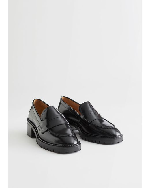 & Other Stories Black Heeled Leather Penny Loafers