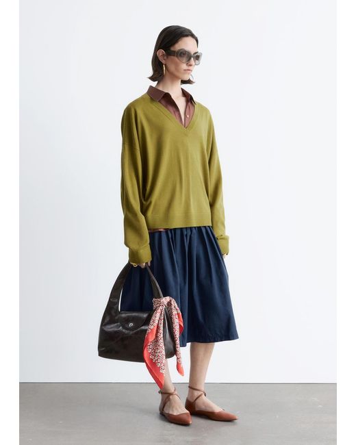 & Other Stories Green V-Neck Merino Wool Jumper