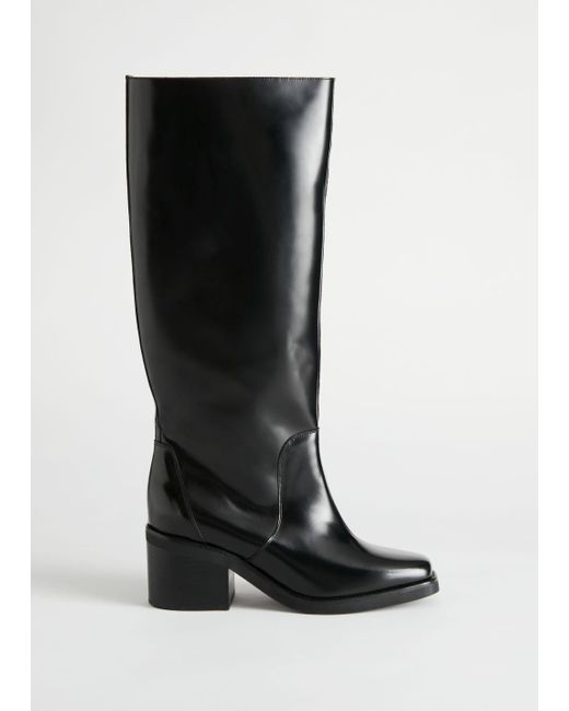 & Other Stories Black Square Toe Knee High Leather Boots
