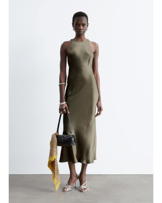 & Other Stories Green Sleeveless Satin Midi Dress