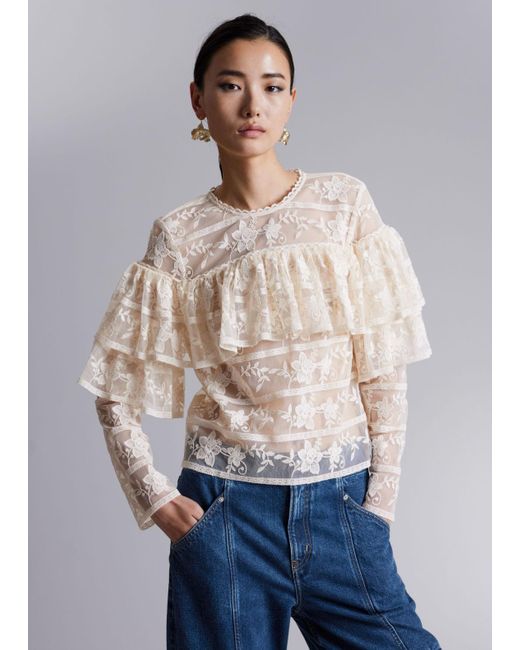 & Other Stories Blue Ruffle-trimmed Lace Blouse