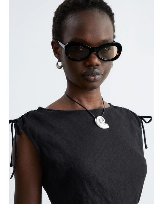 & Other Stories Black Flared Linen Midi Dress