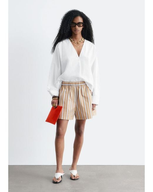 & Other Stories White Sculptural Cotton V-Neck Blouse