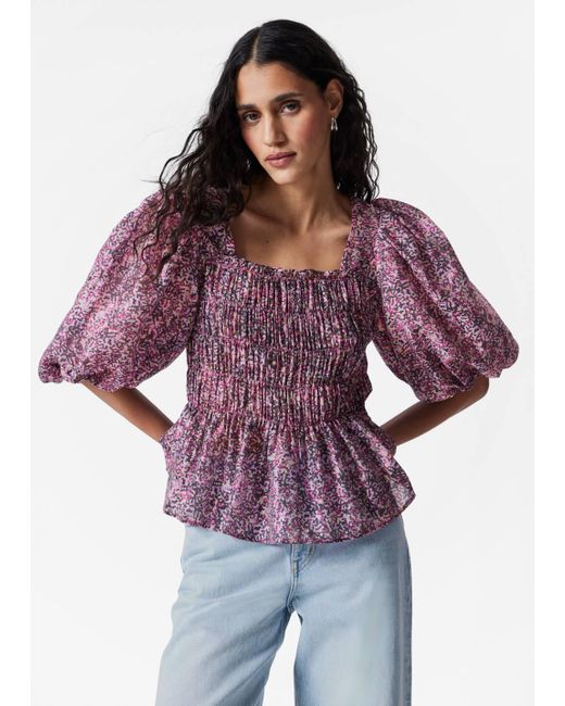 & Other Stories Pink Smocked Puff-Sleeve Blouse