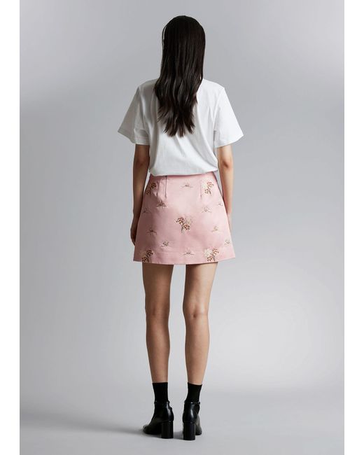 & Other Stories Pink Floral Embroidery Satin Mini Skirt