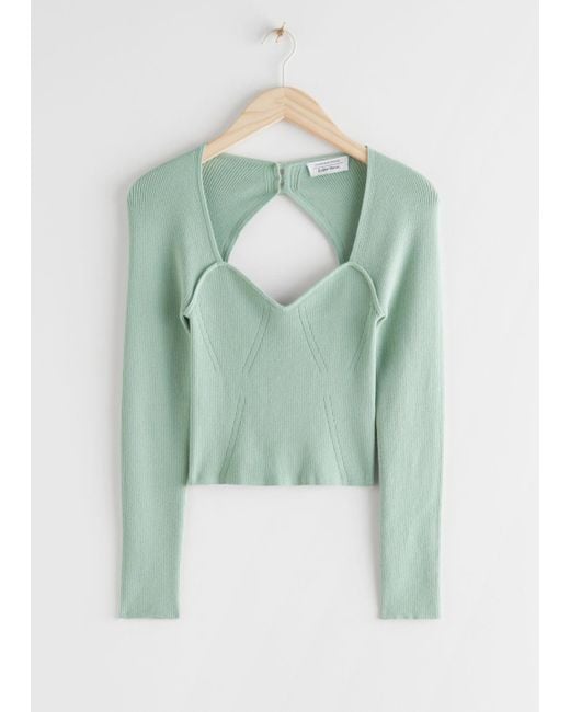 & Other Stories Green Fitted Cropped Sweetheart Neck Rib Top
