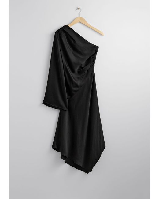 & Other Stories Black One-shoulder Satin Midi Dress