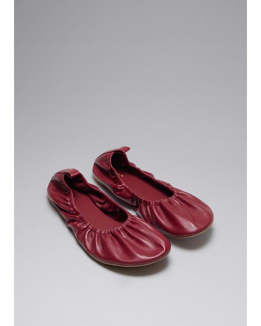 & Other Stories Red Ruched Leather Ballet Flats