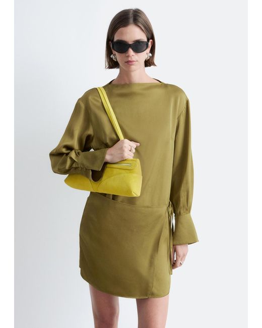 & Other Stories Green Satin Tie-Closure Mini Dress