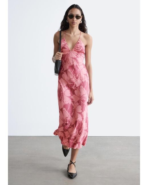 & Other Stories Pink Satin Slip Midi Dress
