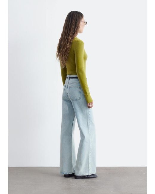 & Other Stories Green Rib-Knit Merino Wool Polo Top