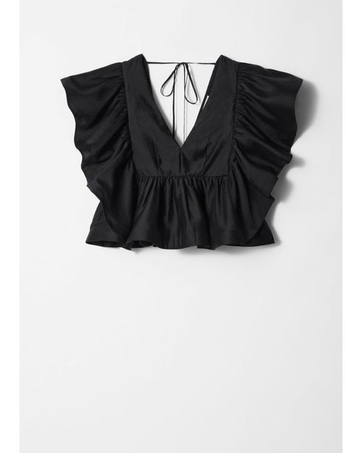 & Other Stories Black Ruffle V-Neck Blouse