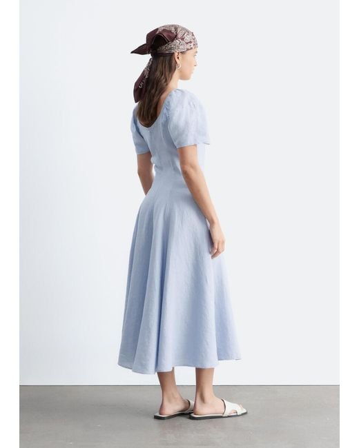 & Other Stories Blue Flared Linen Midi Dress
