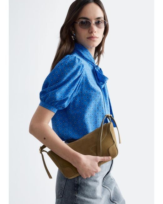 & Other Stories Blue Printed Tie-Neck Silk Blouse