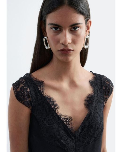& Other Stories Black Lace-Trim Midi Dress