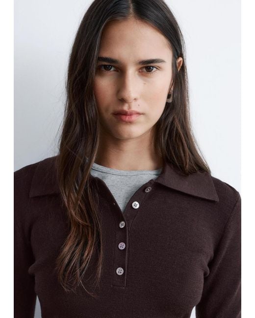 & Other Stories Brown Rib-Knit Merino Wool Polo Top