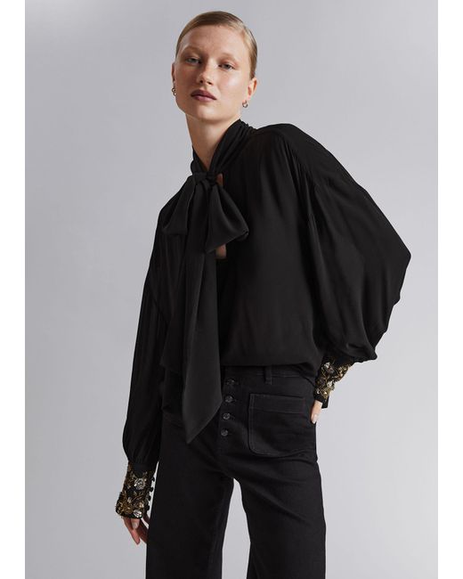 & Other Stories Black Oversized Sequin-cuff Blouse