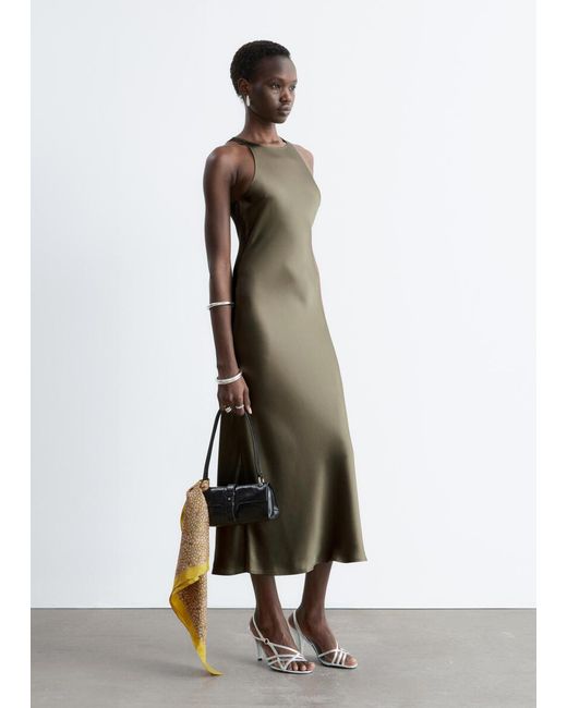 & Other Stories Green Sleeveless Satin Midi Dress
