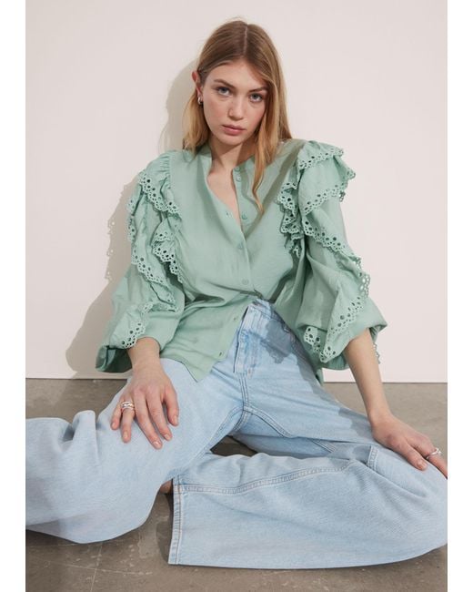 & Other Stories Green Scalloped Frill Blouse