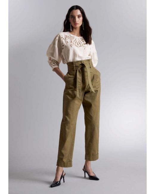 & Other Stories Green Cropped Paperbag Trousers