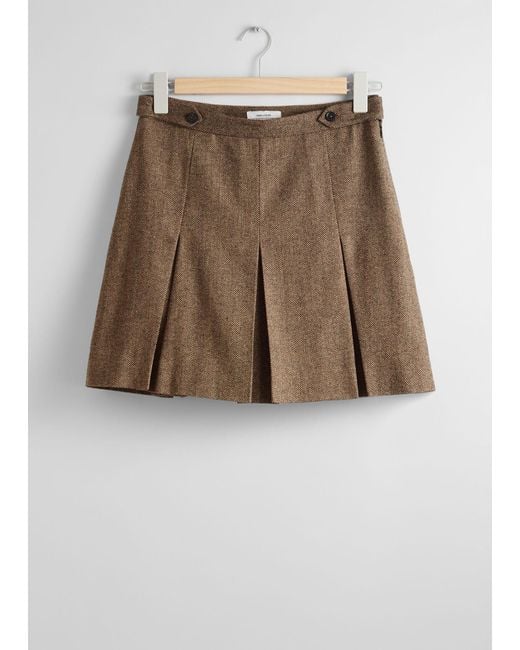 & Other Stories Brown Pleated Herringbone Mini Skirt