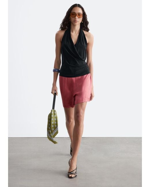 & Other Stories Red Satin Pull-On Shorts