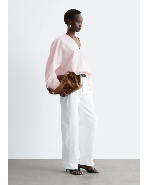 & Other Stories Pink Sculptural Cotton V-Neck Blouse